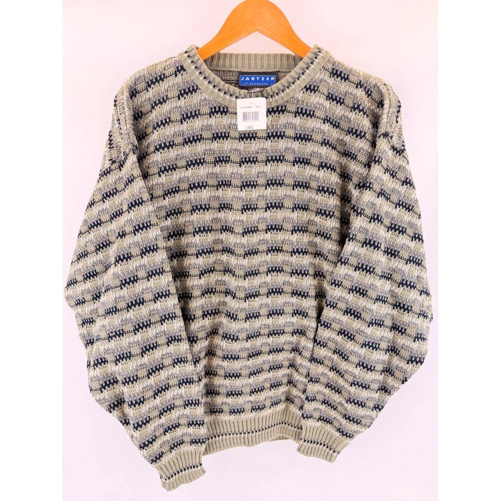 Jantzen Classics Mens Large Sage Green Geometric Knit Crewneck Sweater Pullover